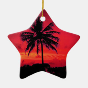 Red Hawaiian Sunset Exotic Handflatan Träd Julgransprydnad Keramik