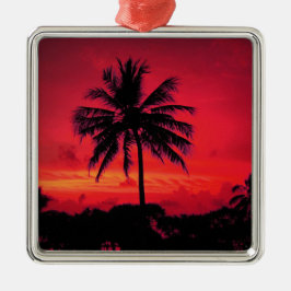 Red Hawaiian Sunset Exotic Handflatan Träd Julgransprydnad Metall