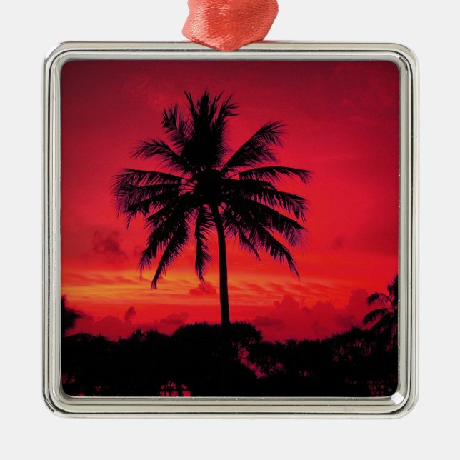Red Hawaiian Sunset Exotic Handflatan Träd Julgransprydnad Metall (Framsidan)