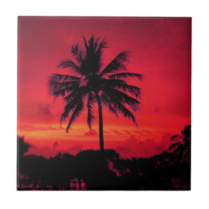 Red Hawaiian Sunset Exotic Handflatan Träd Kakelplatta