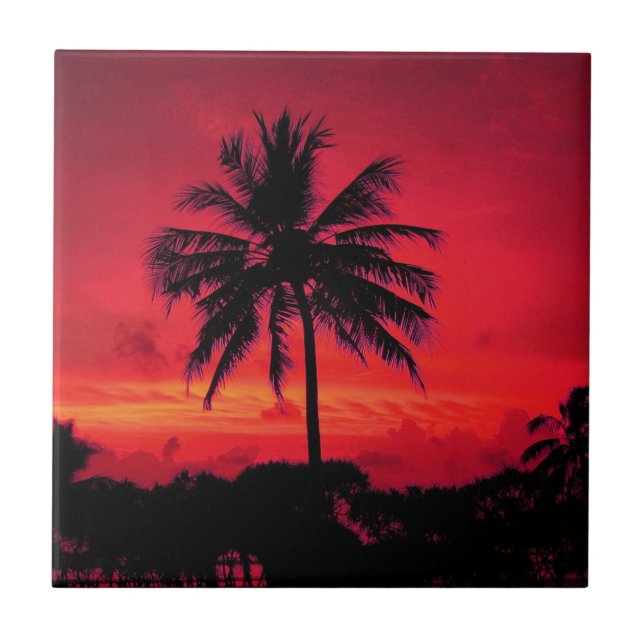 Red Hawaiian Sunset Exotic Handflatan Träd Kakelplatta (Framsidan)