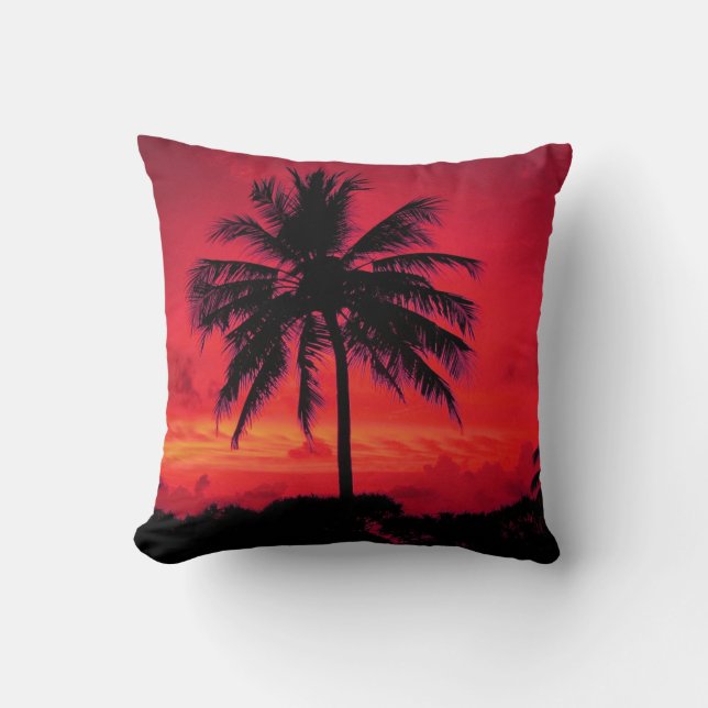 Red Hawaiian Sunset Exotic Handflatan Träd Kudde (Framsida)