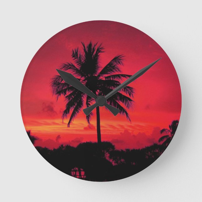 Red Hawaiian Sunset Exotic Handflatan Träd Rund Klocka (Framsida)