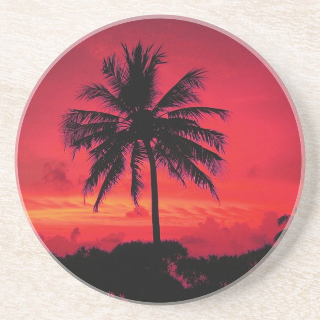 Red Hawaiian Sunset Exotic Handflatan Träd Underlägg Sandsten (Framsidan)