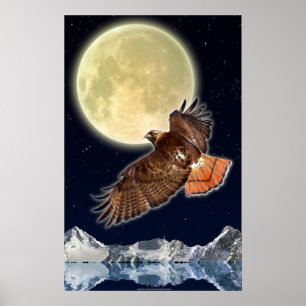 RED HAWK MÅNE II Wildlife Fantasy Art Poster