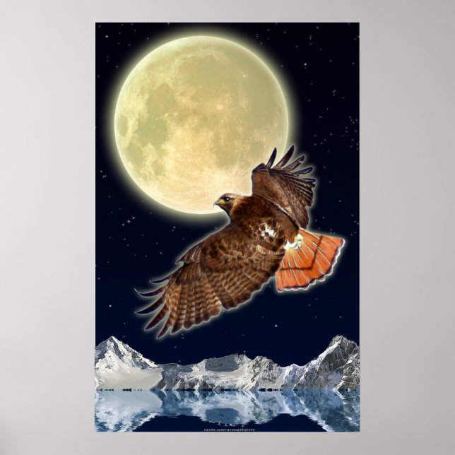 RED HAWK MÅNE II Wildlife Fantasy Art Poster (Framsidan)