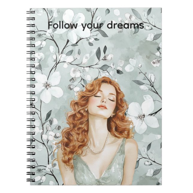 Red Head Dam Mint Dress Blommigt Anteckningsbok (Framsidan)