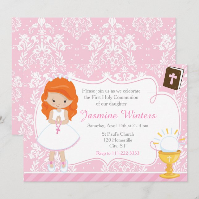 Red Head Girl First Communion Damask Inbjudningar (Fram/baksida)