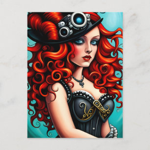 Red Head Steampunk Woman Vykort