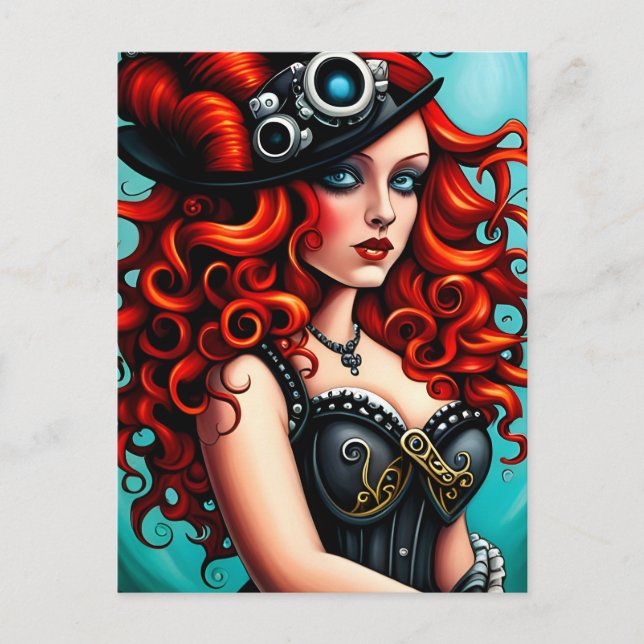 Red Head Steampunk Woman Vykort (Framsida)