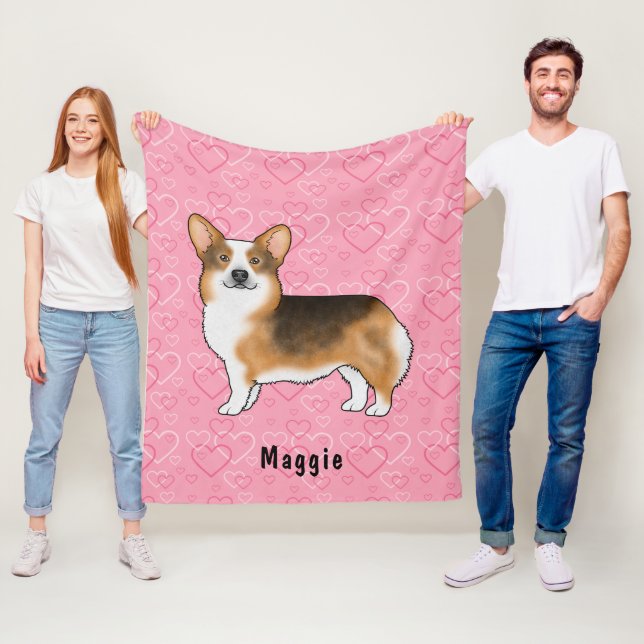 Red Headed Tri Pembroke Welsh Corgi Hearts & Namn Fleecefilt (På plats)