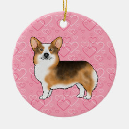 Red Headed Tri Pembroke Welsh Corgi Rosa Hearts Julgransprydnad Keramik
