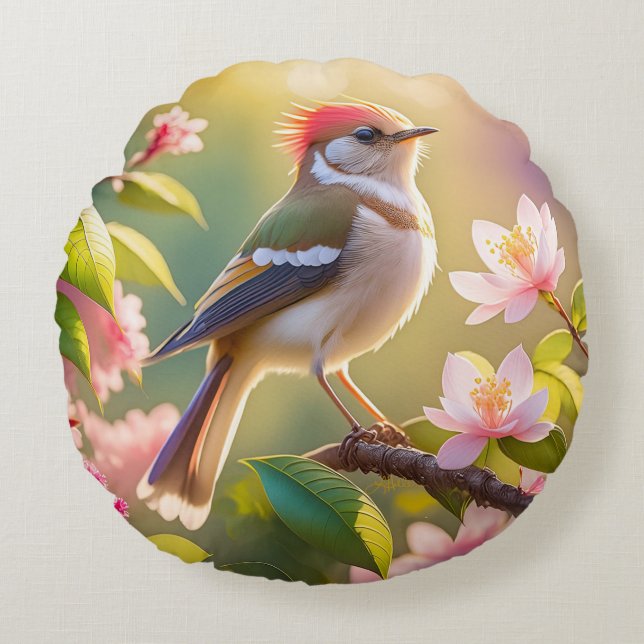 Red Heaff Chsted Warbler Fantasy Bird Rund Kudde (Framsidan)