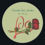 Red Heart And Roses Personalized Wedding  Runt Klistermärke<br><div class="desc">Elegant red heart and a pair of red rosebuds save the date, wedding announcement, favor heart shaped sticker. Fill in your information in the template. Make more changes to text and font size, style, and color by clicking on Customize. This image is available on many products in my gallery. Please...</div>