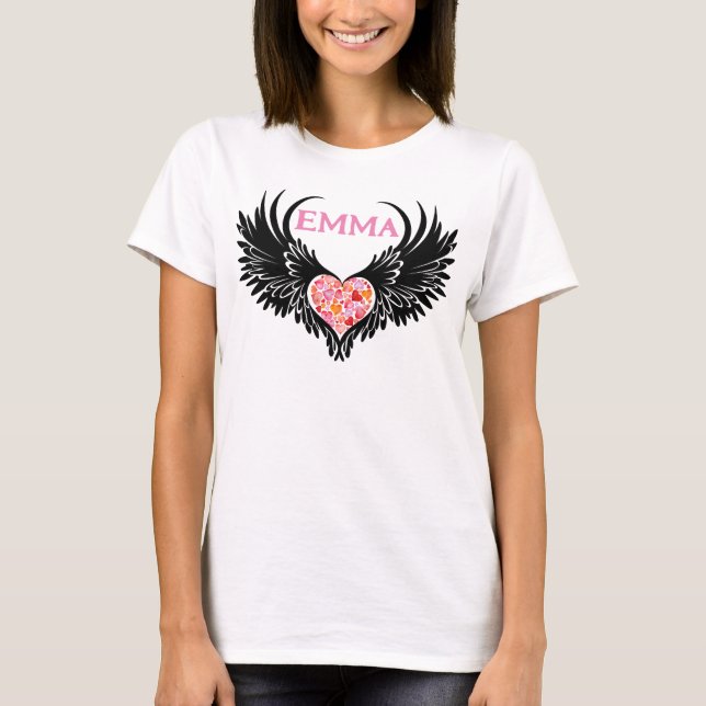 Red heart angel black wings t shirt (Framsida)