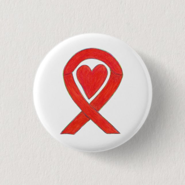 Red Heart Awareness Ribbon Art Pendant Buttons Knapp (Framsida)