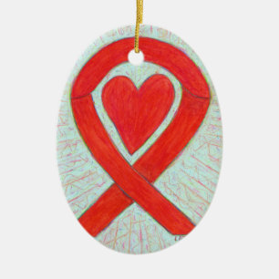 Red Heart Awareness Ribbon Ceramic Art Ornaments Julgransprydnad Keramik