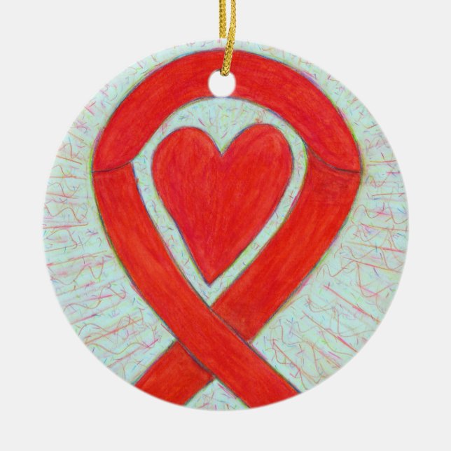 Red Heart Awareness Ribbon Customized Ornaments Julgransprydnad Keramik (Framsidan)