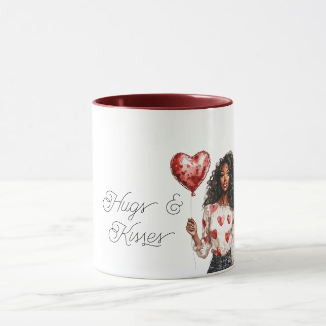 Red Heart Balloon Black Girl Valentine Hugs Kisses Mugg (Center)