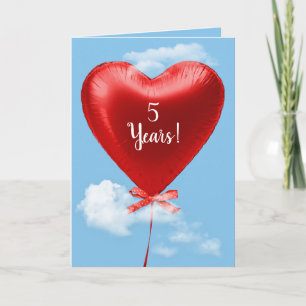 Red Heart Balloon for 5th anniversary Kort