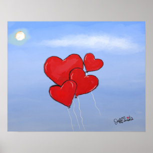 Red Heart Balloons Kärlek är i luft originalkonst Poster