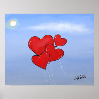 Red Heart Balloons Kärlek är i luft originalkonst Poster