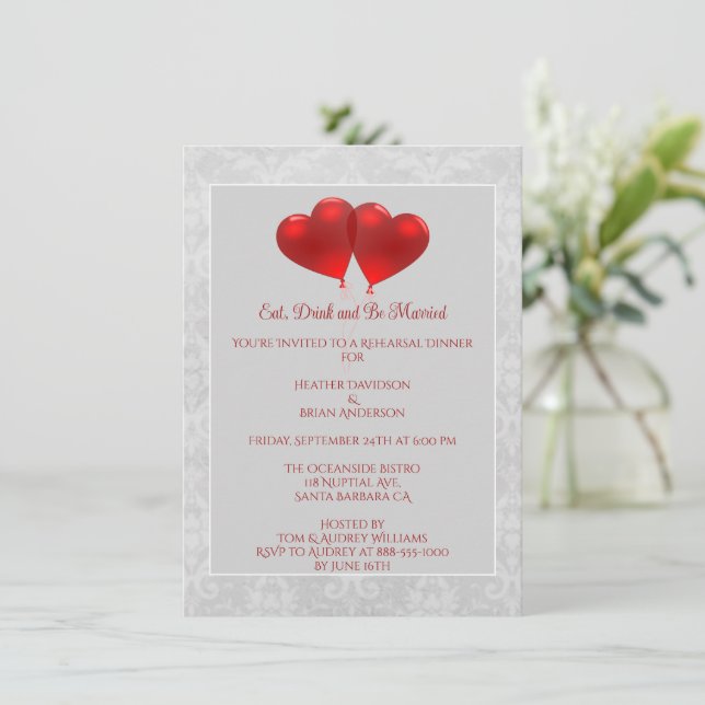 Red Heart Balloons Rehearsal Dinner Invitation Inbjudningar (Stående Fram)