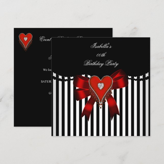 Red Heart Black White Rand Bow Födelsedagsfest Inbjudningar (Fram/baksida)