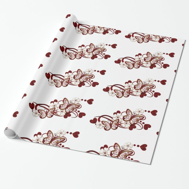 Red Heart Butterflies Mönster Wrapping Papper Presentpapper (Utrullad)