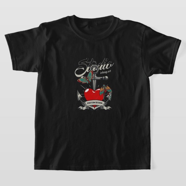 Red Heart & Butterflies Studio Inking Art T Shirt (Laydown)