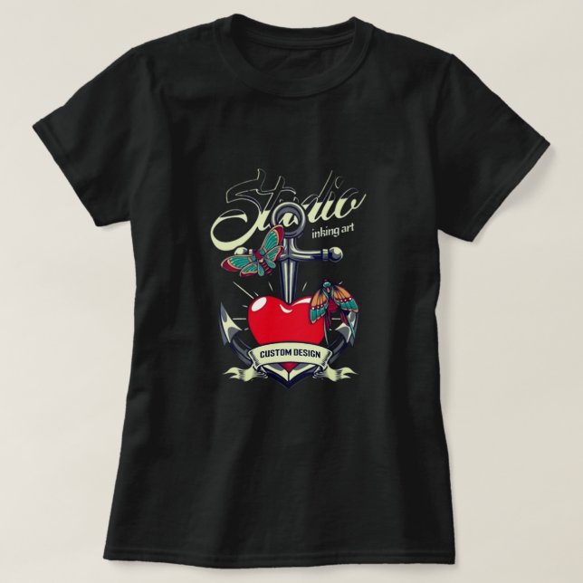 Red Heart & Butterflies Studio Inking Art T Shirt (Design framsida)
