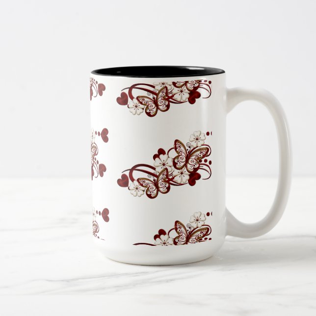 Red Heart Butterflies Tiled Mönster Mugg (Höger)