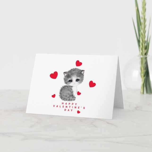 Red Heart Cat Valentine Day Cards Helgkort (Framsida)