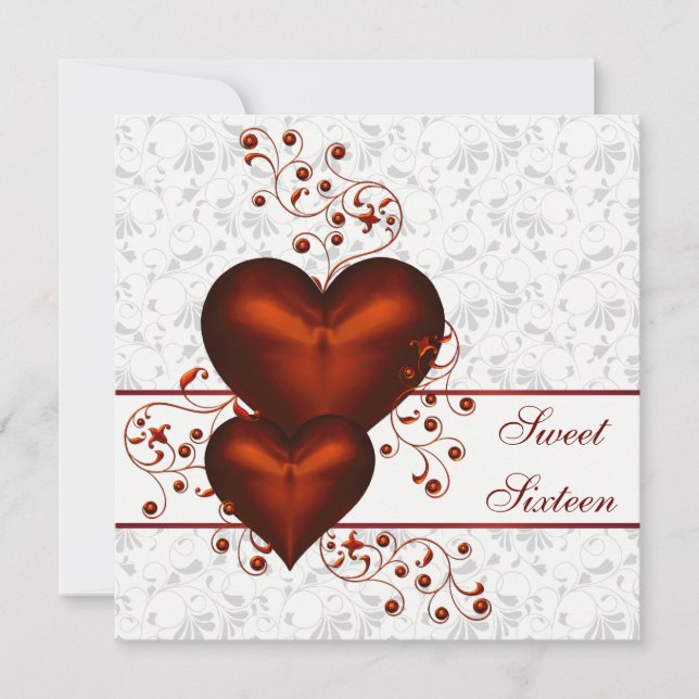 Red Heart Damask White Sweet sixteen Inbjudningar (Framsida)