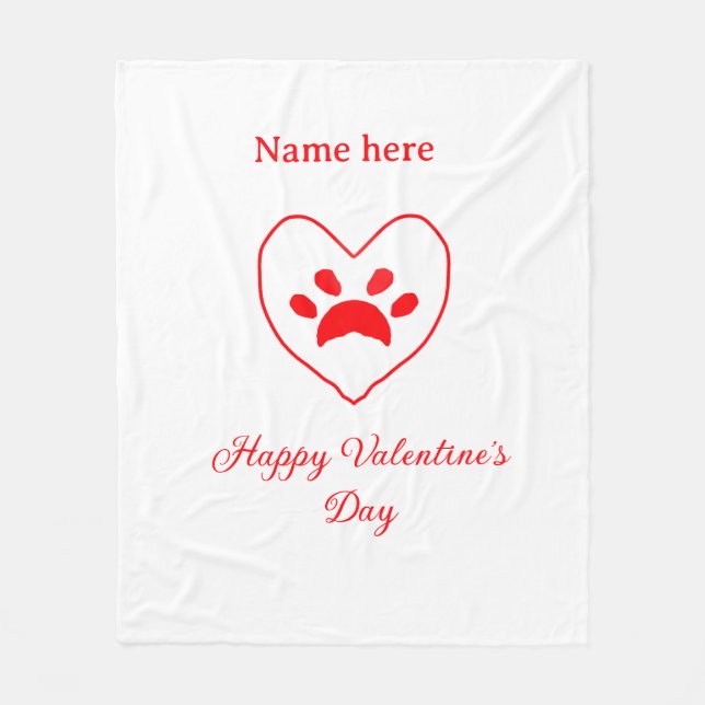 Red heart dog cat paw happy Valentine's day name  Fleecefilt (Framsidan)