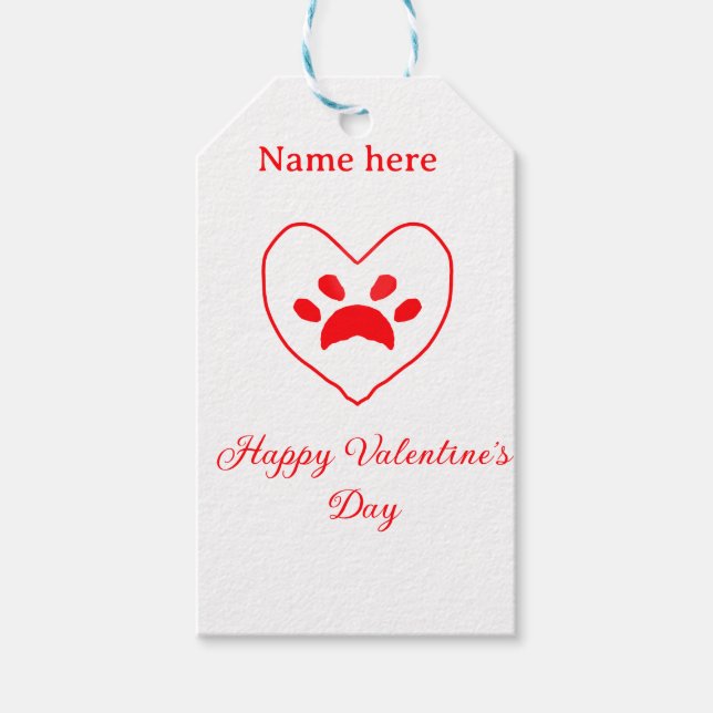 Red heart dog cat paw happy Valentine's day name  Presentetikett (Framsidan)