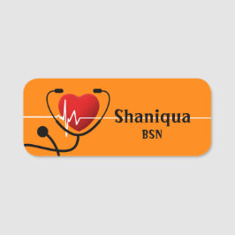 Red Heart EKG och Stethoscope Medical Tangerine Namnbricka