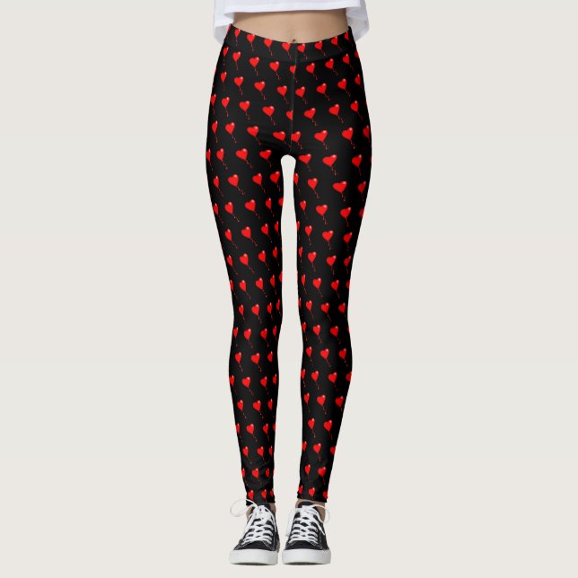 Red Heart Girly Roligt Balloon Mönster Black Trend Leggings (Framsida)