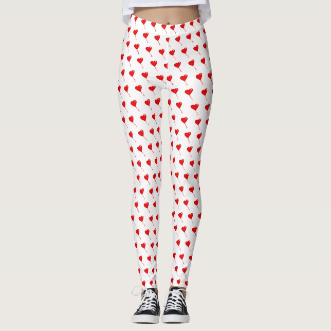 Red Heart Girly Roligt Chic Balloon Mönster White Leggings (Framsida)