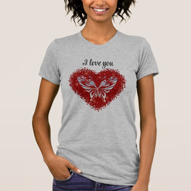 Red heart glitter butterfly t shirt (Framsida)