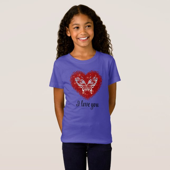 Red heart glitter butterfly t shirt (Hel framsida)
