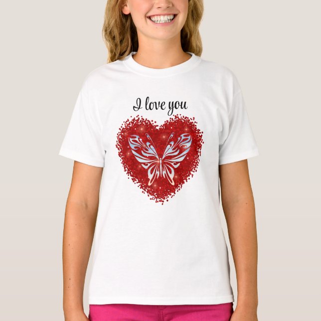 Red heart glitter butterfly t shirt (Framsida)