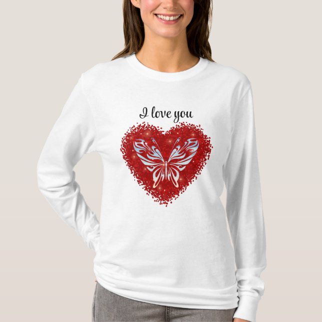 Red heart glitter butterfly t shirt (Framsida)