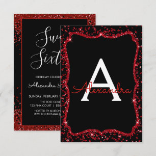 Red Heart Glitter Gnistra Sweet sixteen Birthday Inbjudningar