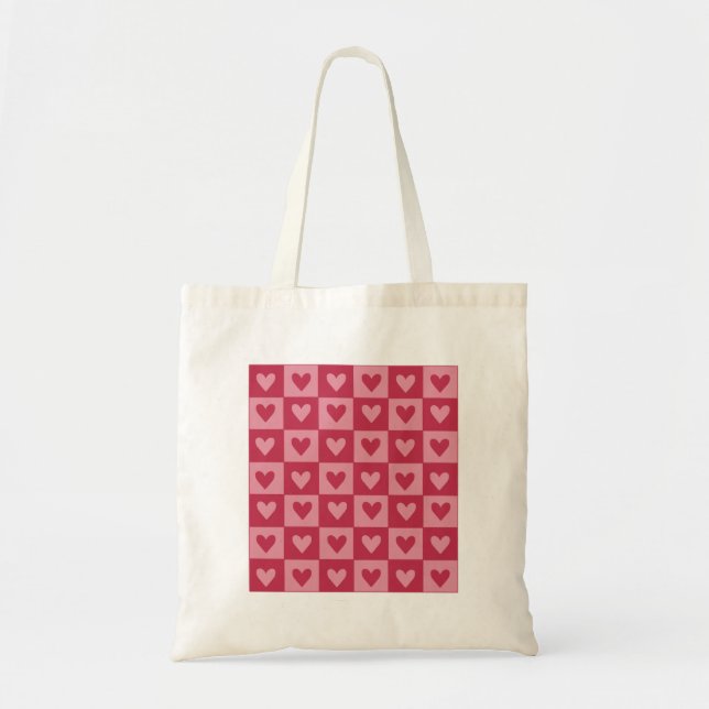 Red Heart Grid Tote Bag Tygkasse (Framsidan)