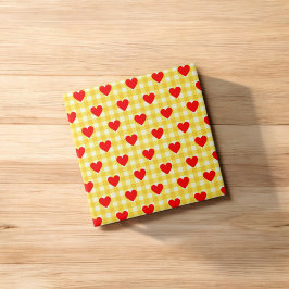 Red Heart Gult Gingham Valentine Day Kakelplatta