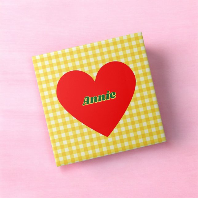Red Heart Gult Gingham Valentine Day Kakelplatta (Red Heart Yellow Gingham Valentine's Day Ceramic Tile)