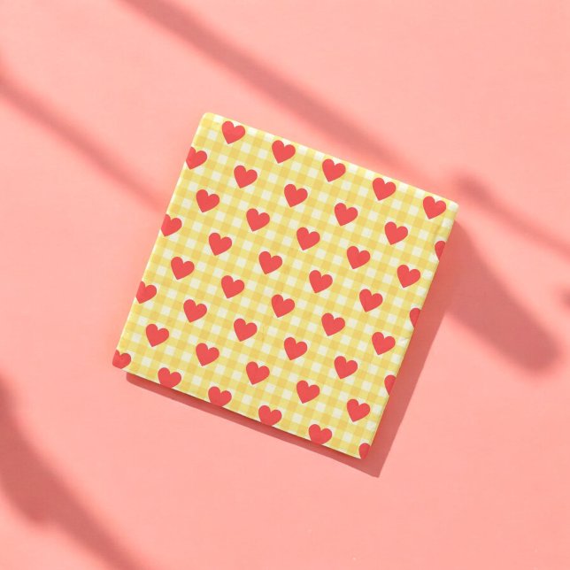 Red Heart Gult Gingham Valentine Day Stenunderlägg (Red Heart Yellow Gingham Valentine's Day Stone Coaster)