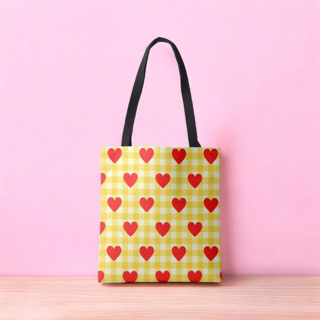 Red Heart Gult Gingham Valentine Day Tygkasse (Red Heart Yellow Gingham Valentine's Day Tote Bag)