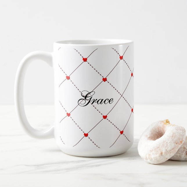 Red Heart Lattice Pattern Name & message Design Kaffemugg (Med munk)